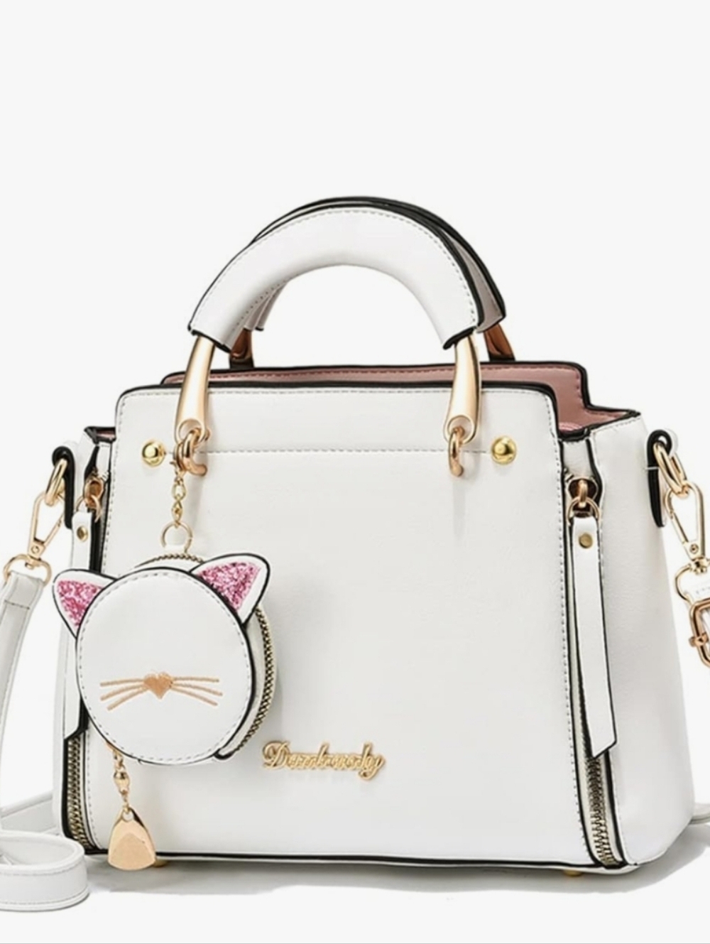 Chic White Top-Handle Satchel with Cat Charm